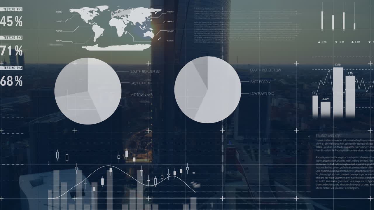 Animation of financial data processing and world map over cityscape