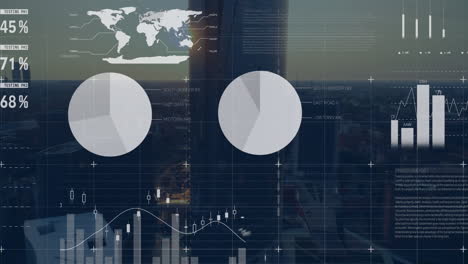 animation of financial data processing and world map over cityscape