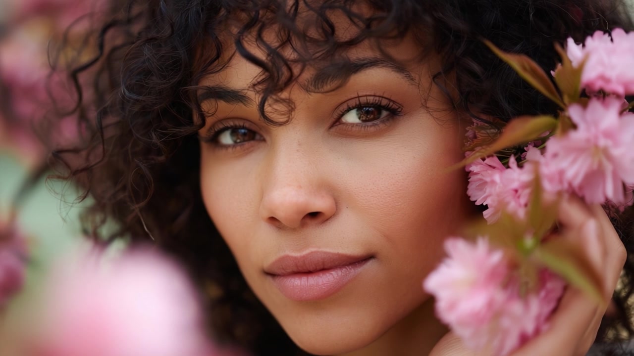 Ritratto accattivante di una donna circondata da fiori in fiore che mostra bellezza naturale e lineamenti delicati, irradiando energia positiva e serenità