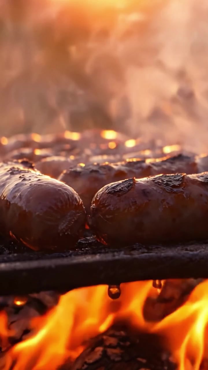 Assaporare lo sfrigolio: deliziose salsicce alla griglia cotte su fiamme intense al tramonto, che mostrano un'esperienza di barbecue all'aperto perfettamente carbonizzata e succosa