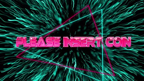 animation of please insert coin text in metallic pink letters with triangles over fireworks