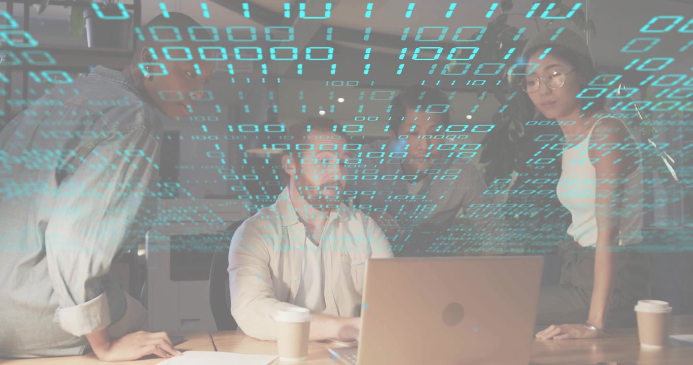 Tech team gesturing laptop causing data streaming scanning report dialing phone discussing findings