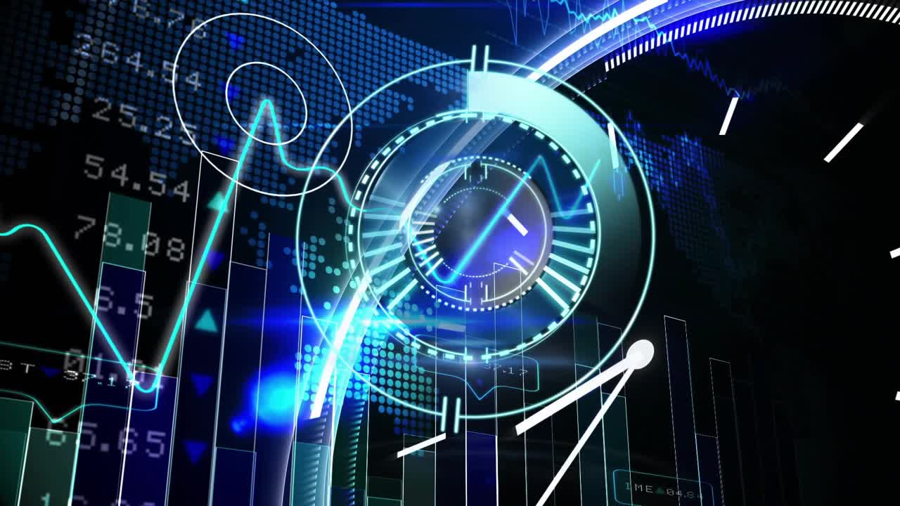 Ring HUD rotating, clock hands sweeping, waveform peaking and sparking blue flares for data display