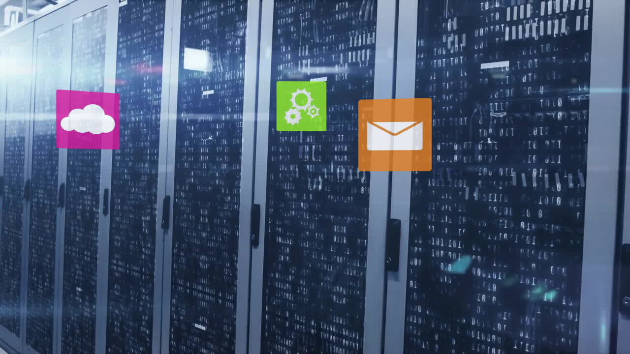 Animation of network of connections with icons and data processing over computer servers