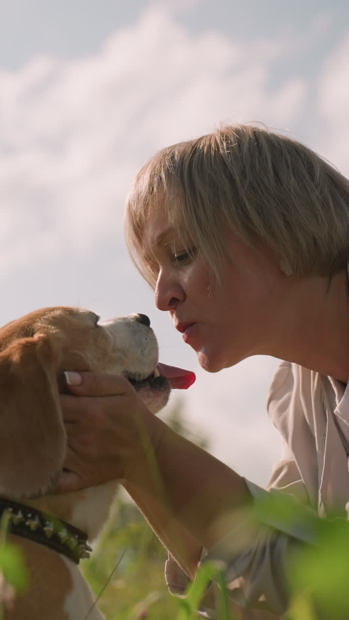 여자는 부드럽게 개의 머리를 잡고 밝은 하늘 아래의 빛 풀에서 개의 열린 입을 키스하기 위해 몸을 기울여 부드러운 애정의 순간을 포착합니다.