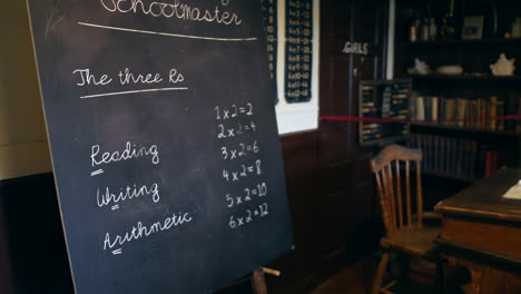 old school blackboard in victorian school classroom showing the writing, reading and arithmetic