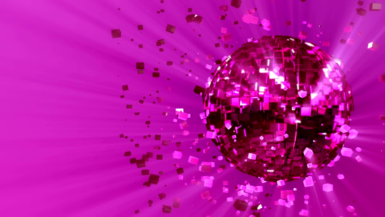 추상적인 루프 애니메이션 배경: 빛의 반이는 줄무와 반사되는 광선을 회전하고 반사하는 결정의 조각으로 구성된 큐브-크리스탈로 구성된 박동하고 회전하는 분홍색 반이는 디스코 공
