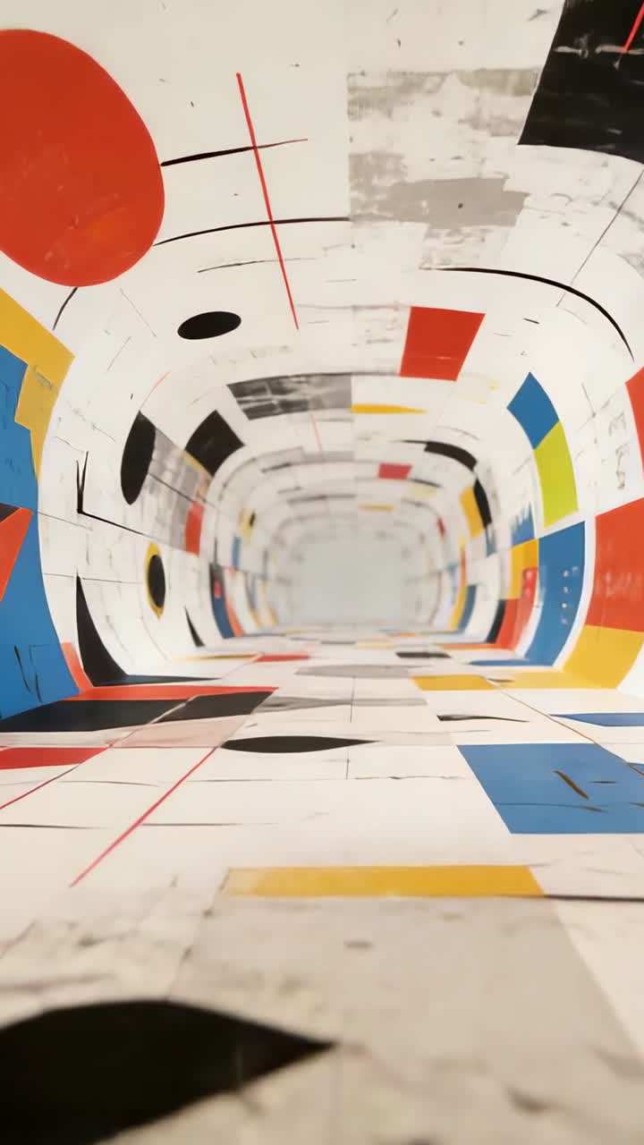 Verticale video: Bewegende camera die door een muurschilderingstunnel met beschadigde tegels kantelt, en een rode cirkel onthult.