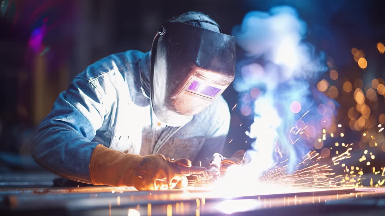 Skilled Welder Performing Precision Welding in Workshop, Sparks Flying, Protective Gear Worn, Highlighting Expertise and Craftsmanship in Industrial Environment