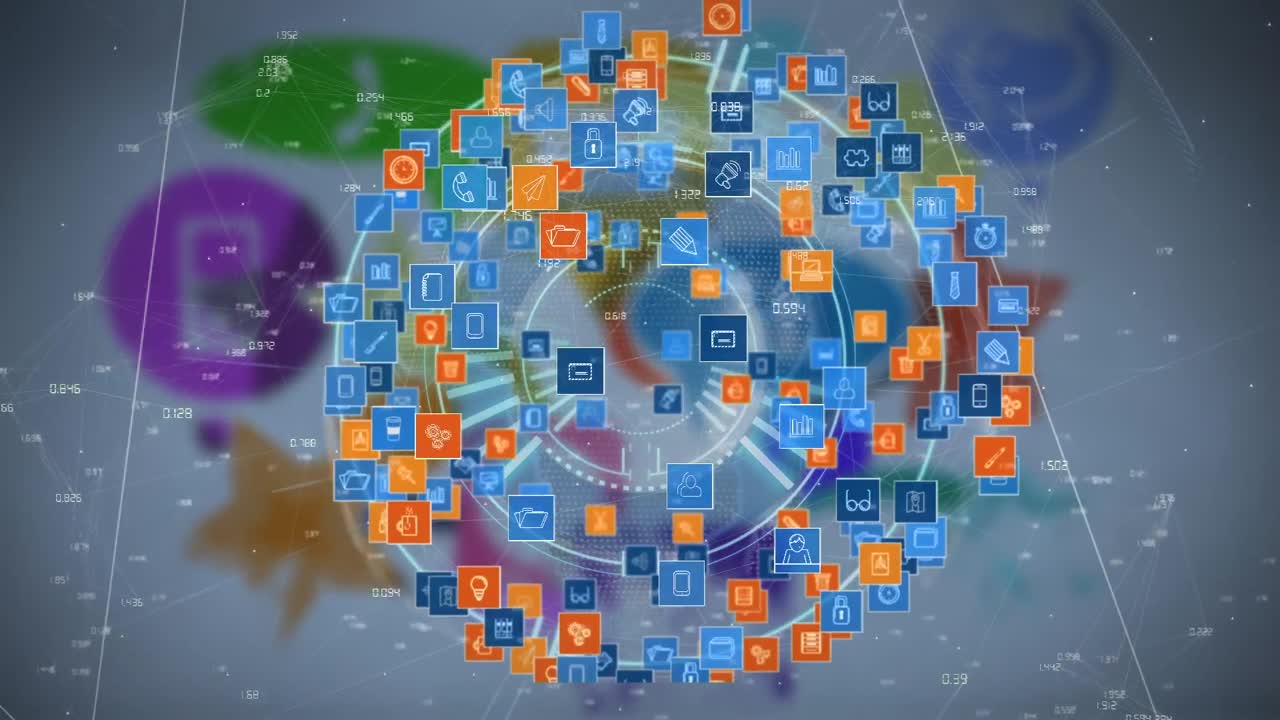 animación de un globo hecho de iconos tecnológicos sobre fondo azul