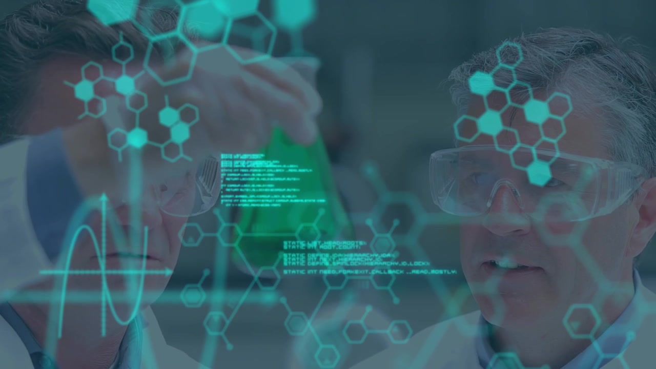 Scientists Analyzing Green Liquid in Laboratory with Digital Data Overlay