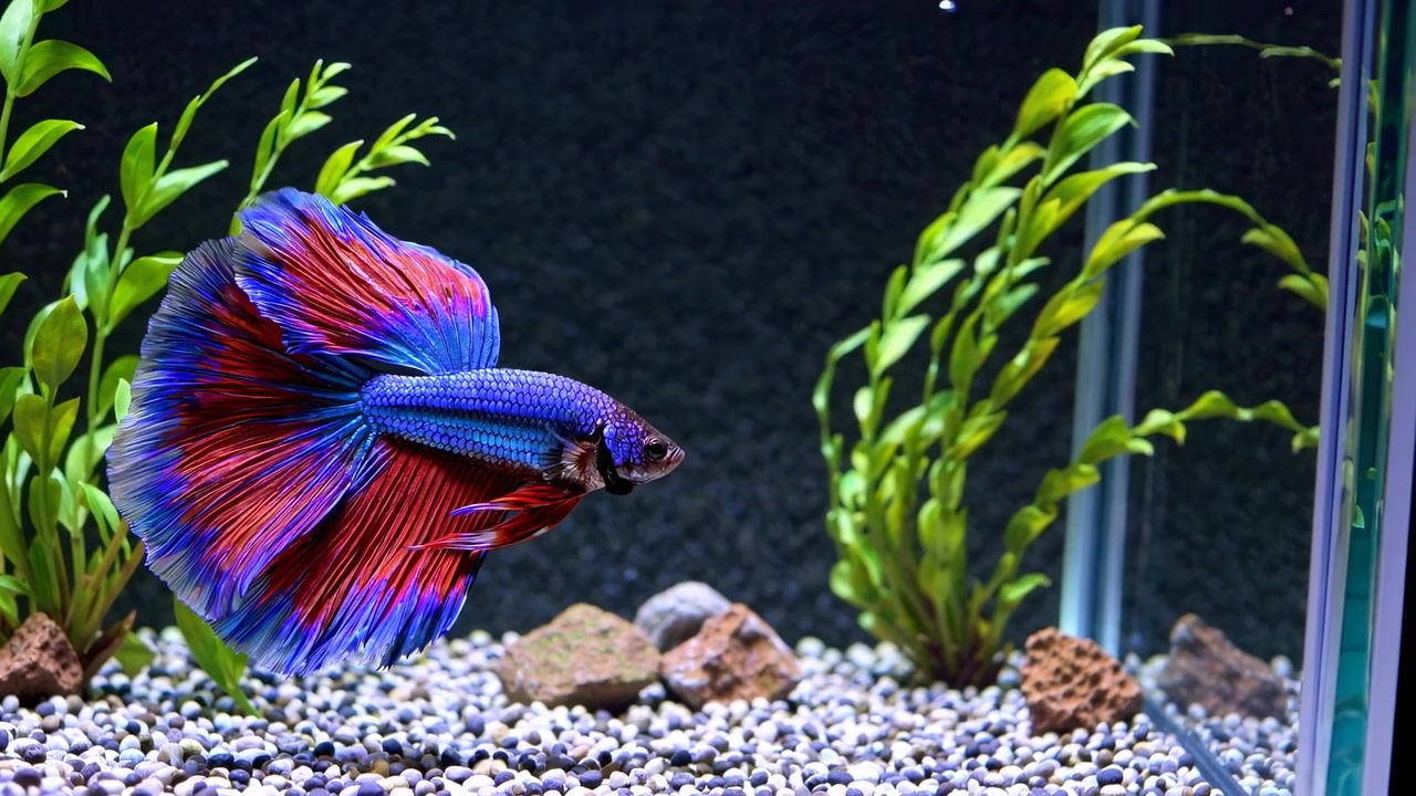 Close-up de um peixe Betta vibrante nadando graciosamente em um aquário