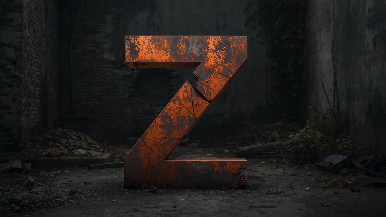 Standing metal letter Z corroding on rubble floor in derelict warehouse, with plants