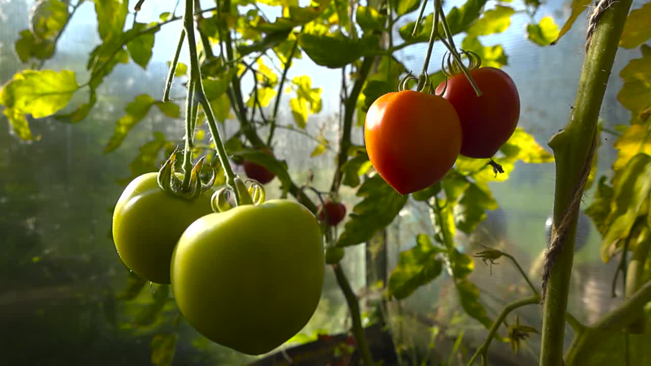Closeup view circles around ripe red and unripe tomatoes in focus, hanging on green branching stems under warm sunlight. Ripening organic fruits growing inside a sunlit blurred greenhouse background