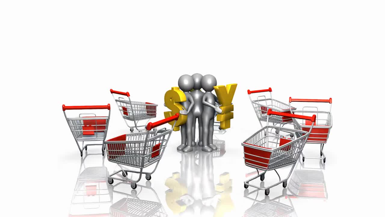 3d 남자들이 쇼핑 트롤리에서 통화로 자신을 보호하고 있습니다.