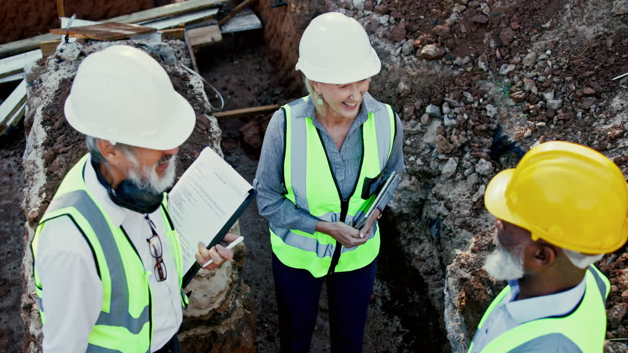 Construction workers inspecting a trench at a construction site