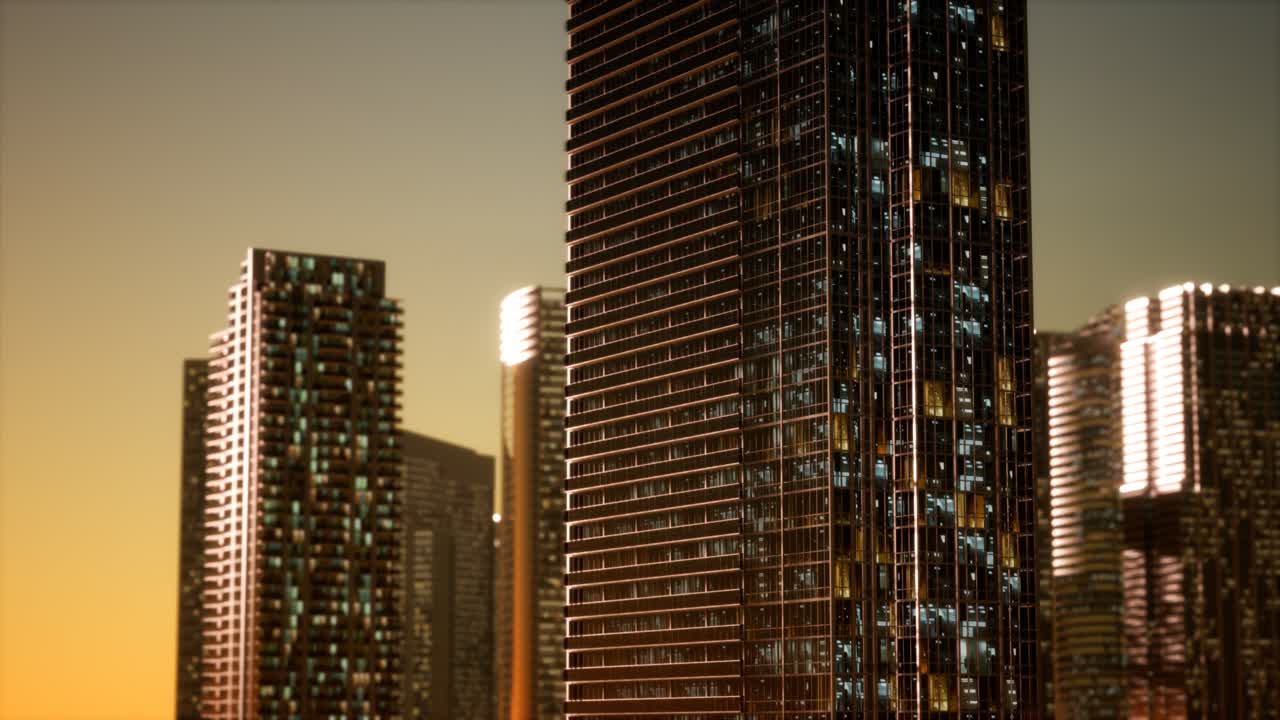 fotografía aérea del atardecer de los rascacielos del centro de negocios