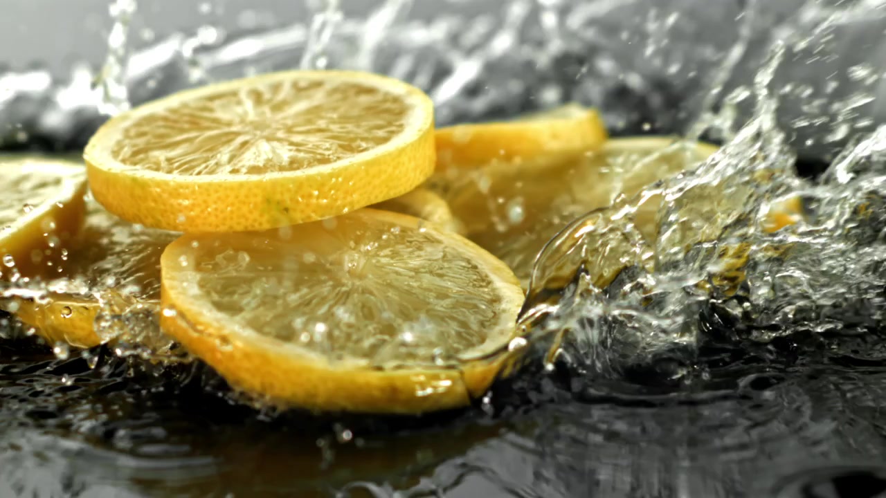 Refreshing Lemon Slices Splashing into Water in Slow Motion