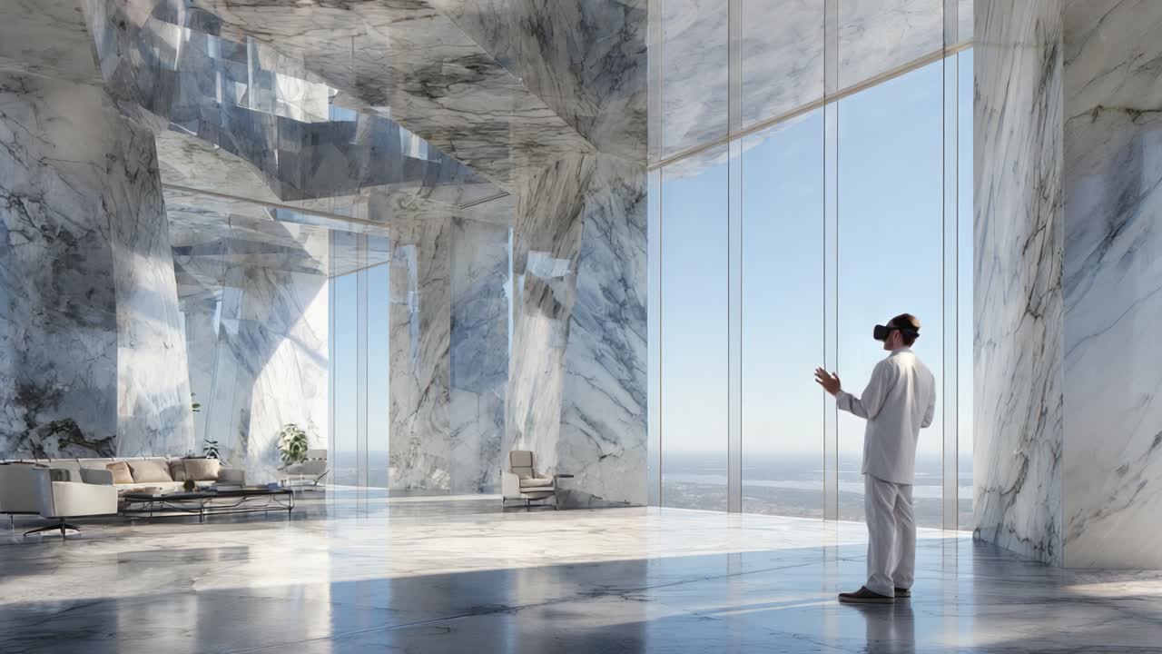 Un'esperienza virtuale: una persona che indossa un visore VR si trova in una splendida stanza di marmo con finestre a tutta altezza, interagendo con un ambiente digitale, circondata da arredamento moderno e viste mozzafiato