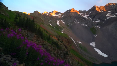 Cinematográfica-Cámara-Lenta-Panorámica-Derecha-Impresionante-Luz-Luz-Hora-Dorada-Puesta-De-Sol-En-El-Monte-Sniffels-Picos-Verano-Colorido-Colorado-Telururo-Verano-Púrpura-Flor-Silvestre-Lago-Azul-14er-Nieve-Derritiéndose-Montañas-Rocosas