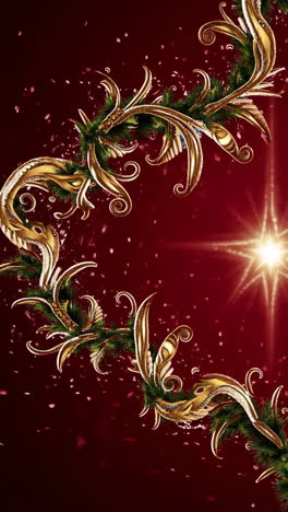 ornate gold and green christmas garland with star on red background