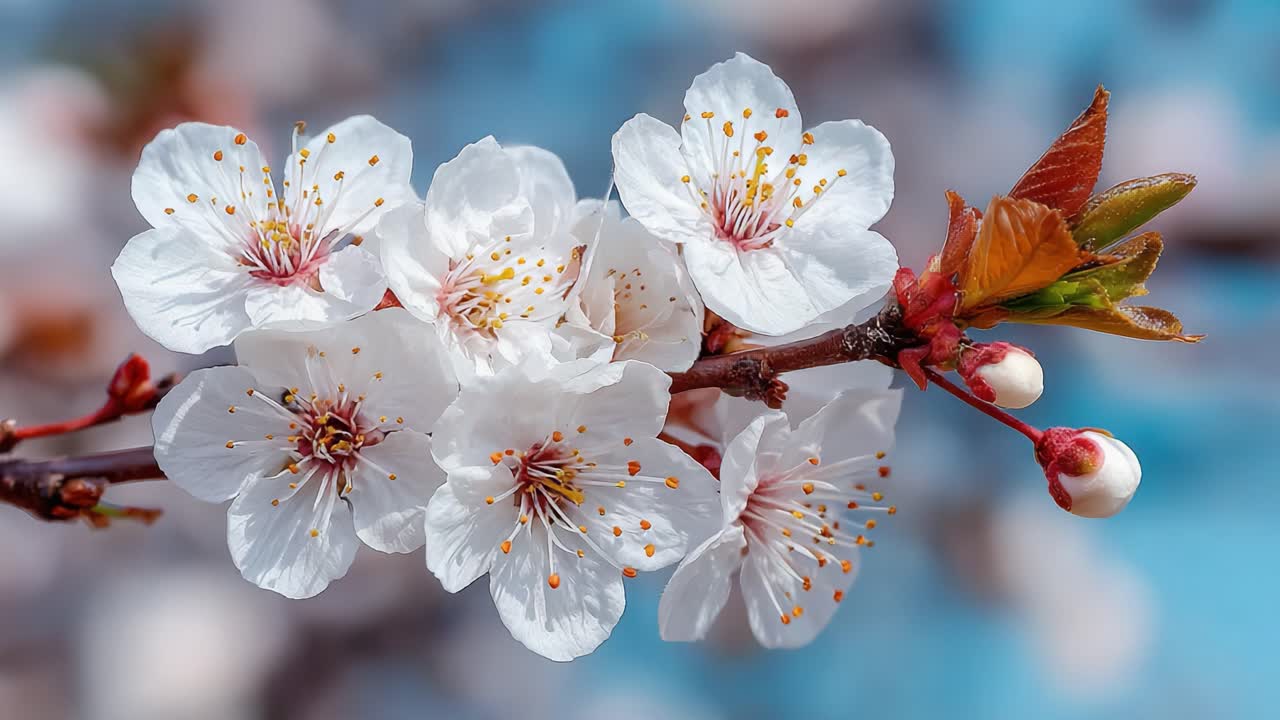 A Beautiful Display of White Blossom Flowers and Buds on a Branch Against a Soft Blue Background, Capturing the Essence of Spring's Freshness and Renewal