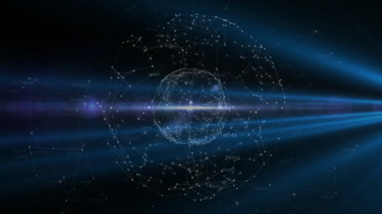 Blue-white flare emerging projecting beam, merging data points into pulsing wireframe globe