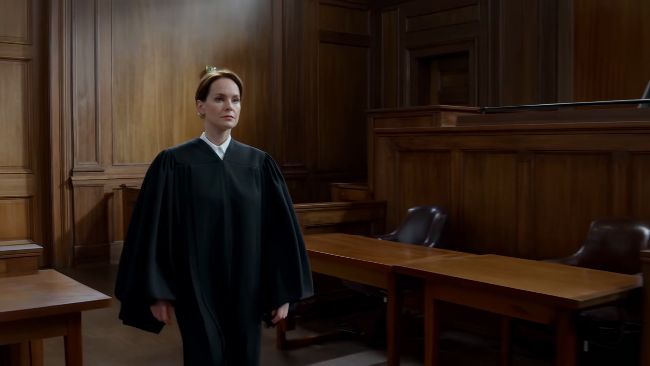 Professional Female Judge Standing in a Formal Courtroom