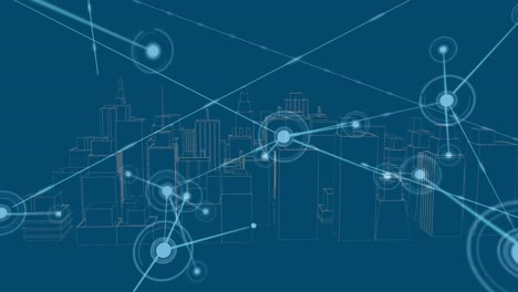 animation of network of connections over digital city on blue background