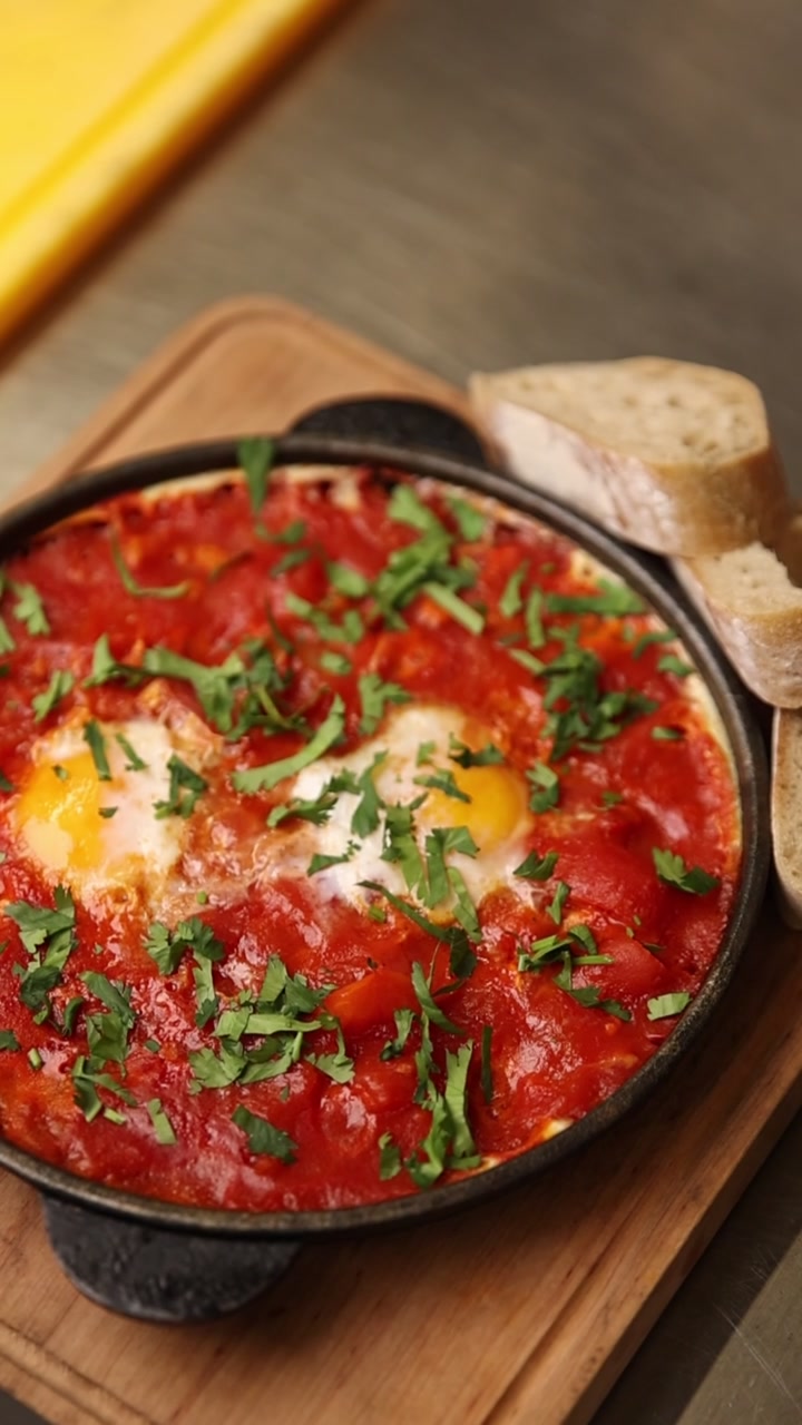 Delicious Shakshuka with Eggs in Tomato Sauce and Fresh Herbs