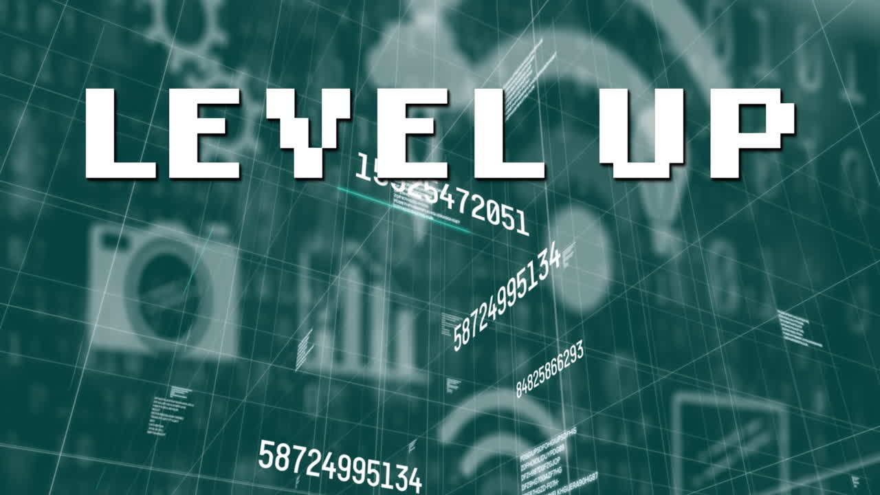 아이콘과 데이터 처리와 함께 그리드 위의 레벨 업 텍스트의 애니메이션