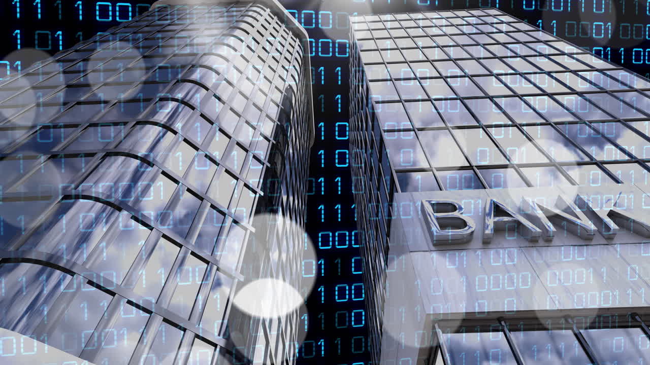 Animation of binary coding, financial data processing over bank buildings