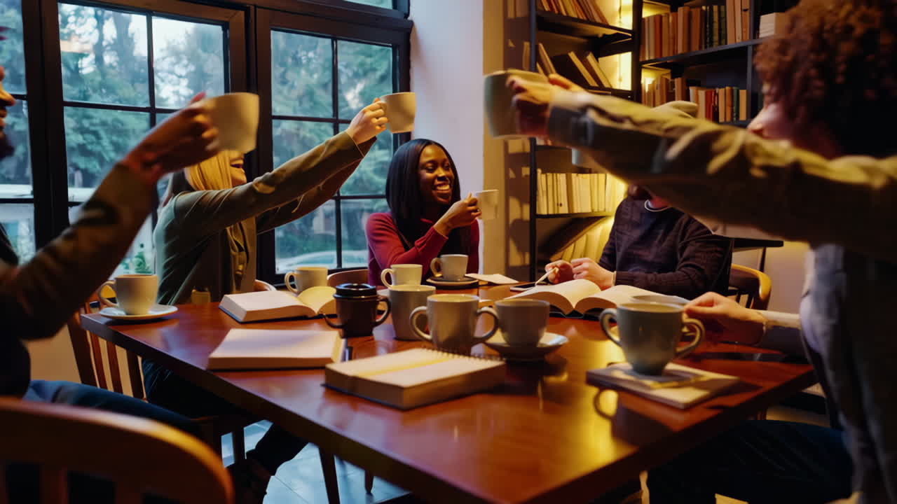 Friends Celebrating Over Coffee in a Cozy Cafe