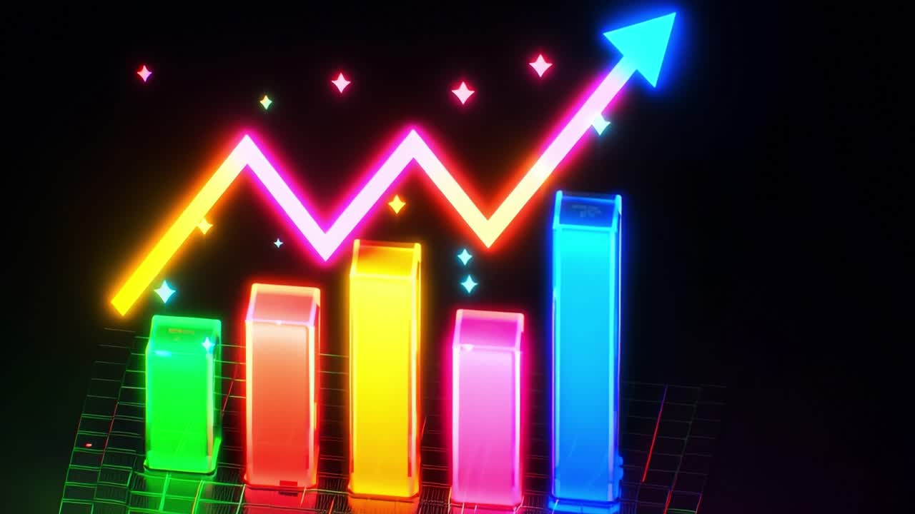 A Vibrant, High-Tech Bar Graph Illustrating Positive Growth Trends with Colorful Neon Bars and Dynamic Arrows, Set Against a Dark Background to Enhance Visual Impact