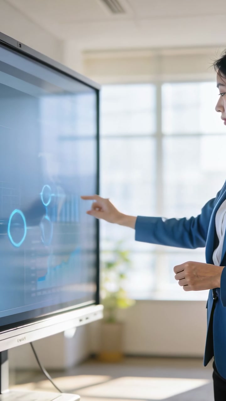 Vertical video: Tapping top node lady in blazer using screen selecting charts at office, copy space