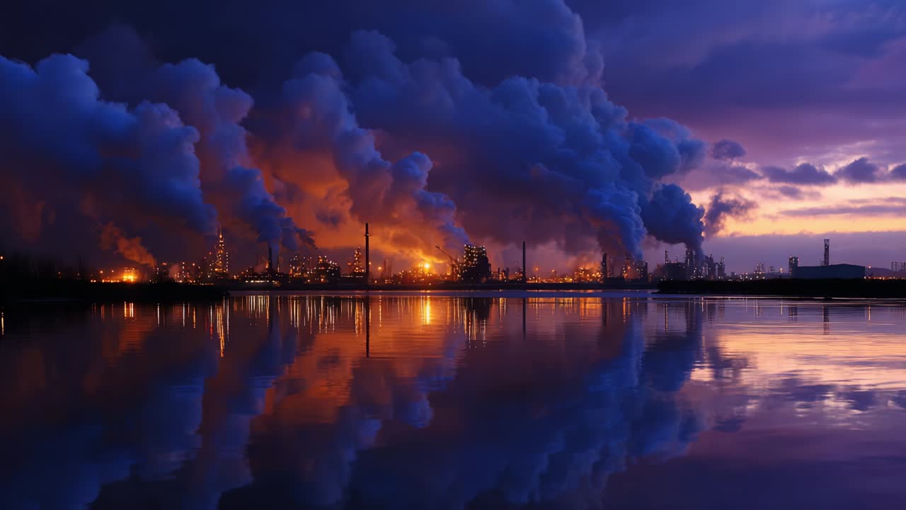 Dramatisk og stemningsfuld scene af industriel forurening, der spejler sig i vandet: En tusmørkeudsigt over rygende skorstene og levende farver på himlen, der ligger op ad en fredfyldt sø, der fremhæver miljømæssige bekymringer