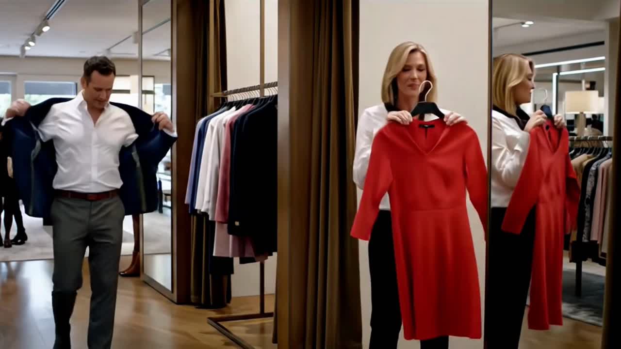 A man and a woman are shopping for clothes