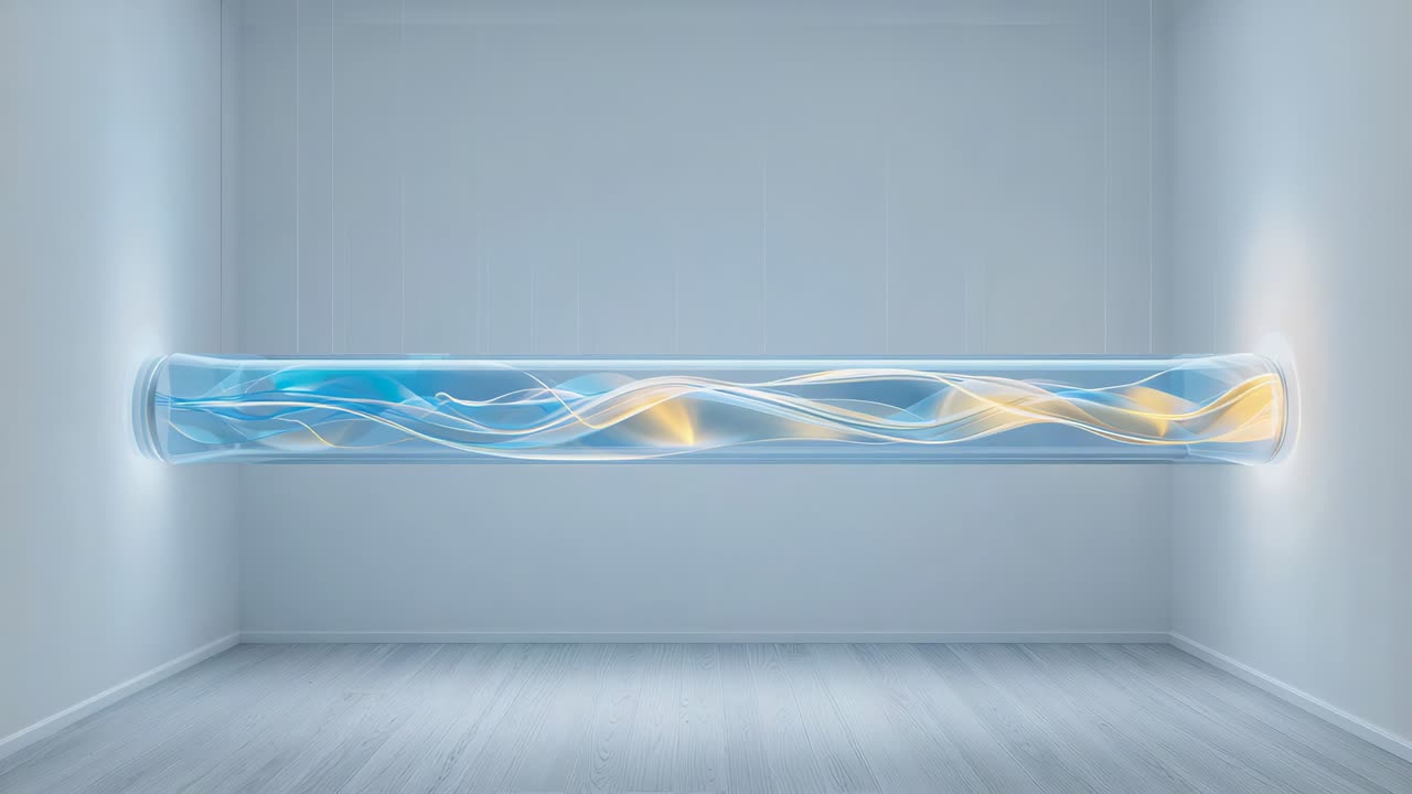 Starting left blue ribbon, yellow pulse moving right and ribbons flowing inside tube in gallery