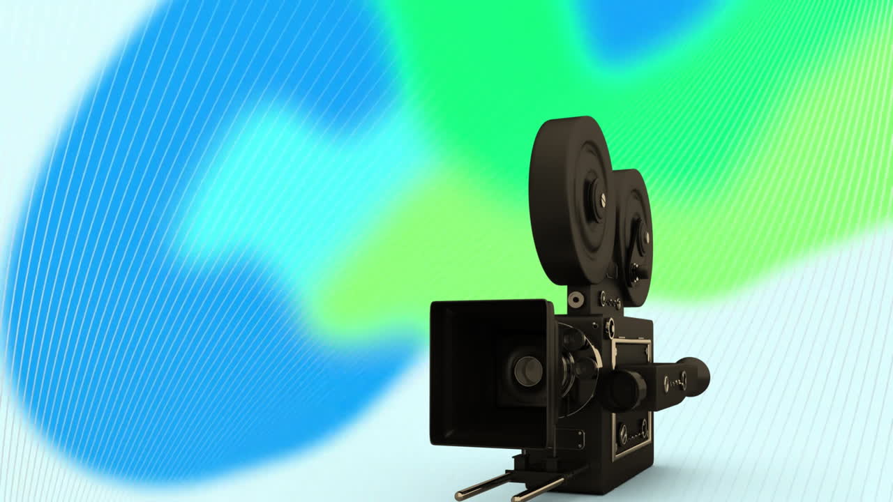 Animation of movie film camera over network wave and abstract green and blue background