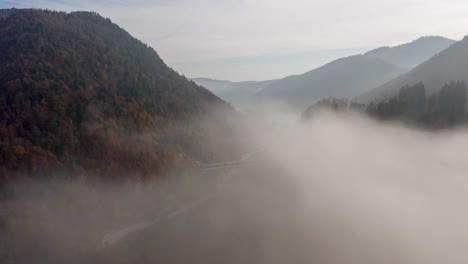 beautiful drone hyperlapse of the fog through the trees in a swiss mountainous landscape in autumn