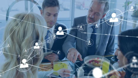 animation of network of connections with people icons over diverse business people