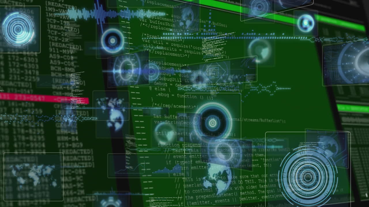 Animation of digital code overlaying futuristic interface on green computer screen