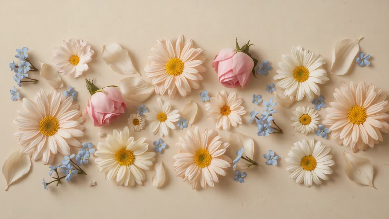 Inizia uno zoom lento, la telecamera si muove su una composizione flat lay su tappeto da studio, evidenziando margherite, rose, fiori blu