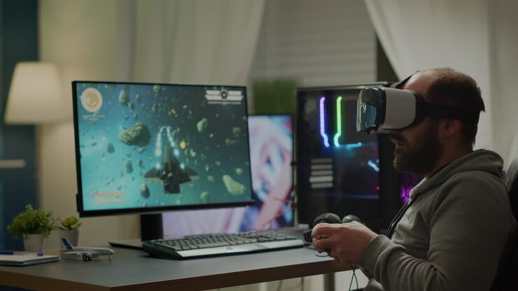 Gamer professionista di eSport che vince giocando ai videogiochi usando un visore VR
