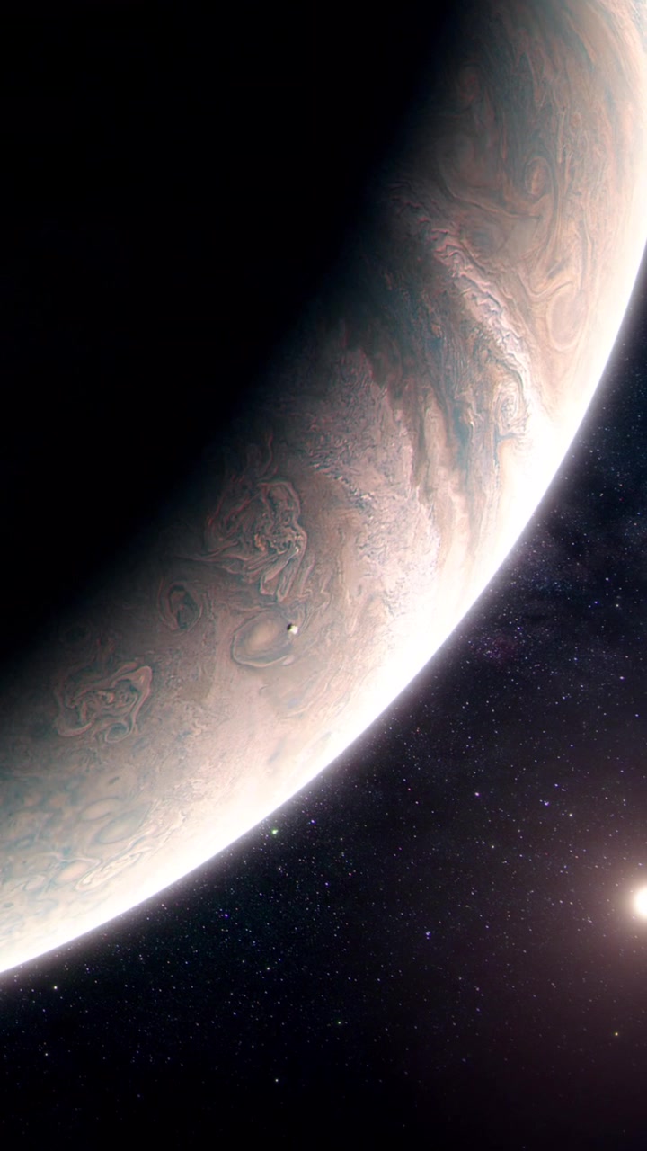 Vertical Medium Shot of the Gas Giant Jupiter with an Asteroid Approaching Before Impacting the Surface Due to the Gravitational Pull of the Planet