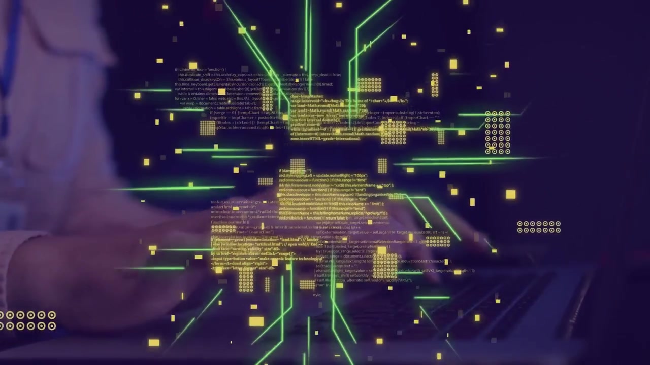 Woman typing at laptop, causing green code and circuit nodes expanding over keyboard for technology
