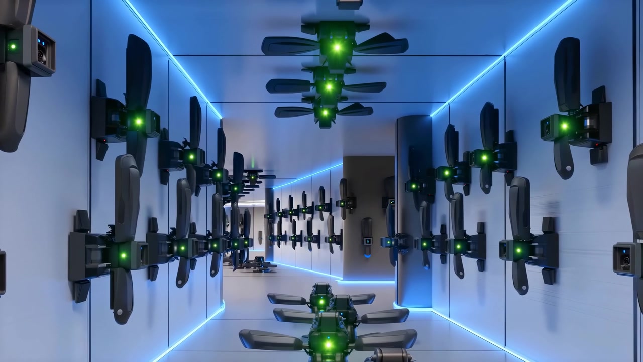 Glossy symmetrical corridor lined with orderly mounted drones, compact black housings, twin rotors, glowing green status lights, blue accent illumination, reflective panels, and clean industrial