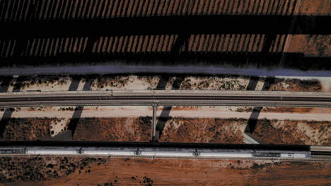 two passenger trains crossing on a modern and massive railway bridge over fields of vineyards to the suburbs and to the city center in israel - top down shot