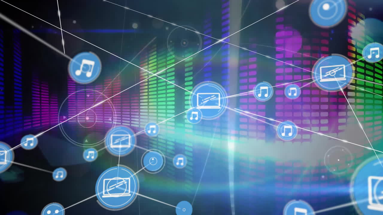 animación de la red de conexiones con iconos sobre senderos de luz brillante