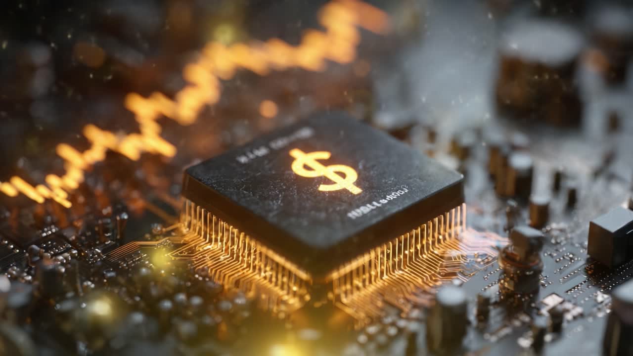 Exploring the Intersection of Technology and Finance: A Close-Up View of a Microprocessor with Dollar Symbol and Signal Waves Representing Economic Trends